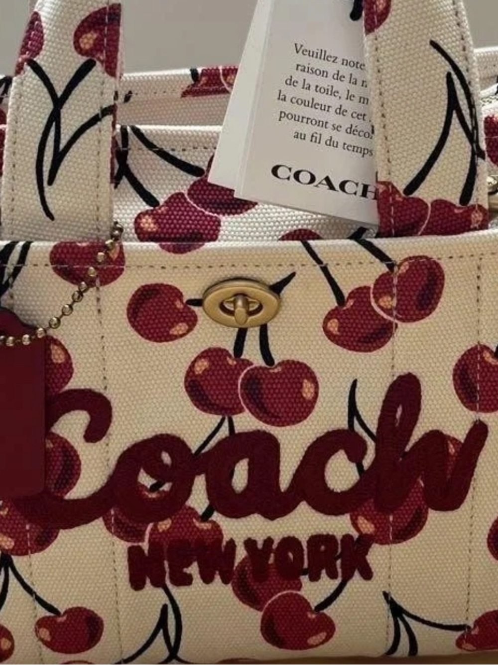 Coach Cherry Print 26 Tote in Cream and Red